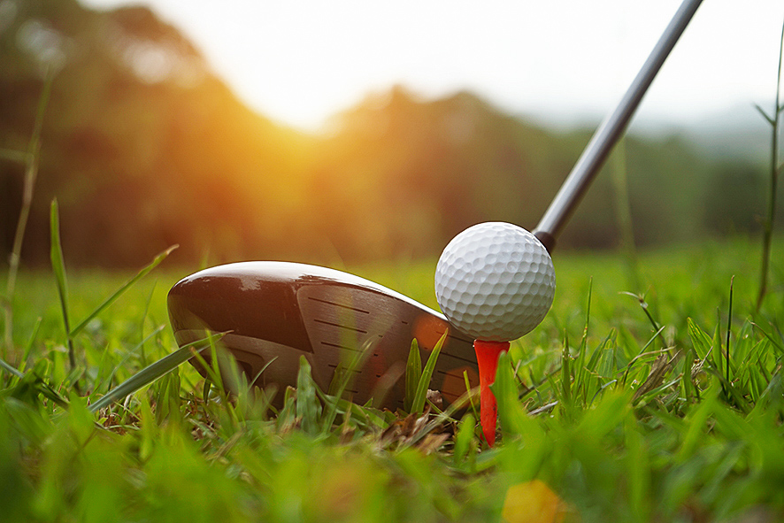 Golfschläger und Golfball im Rasen